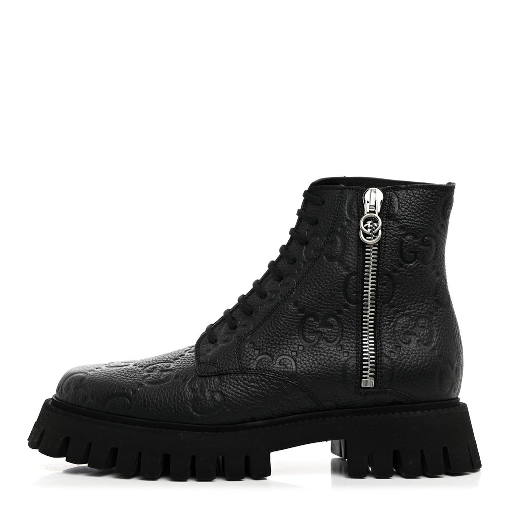 CALFSKIN EMBOSSED MONOGRAM LACE UP ANKLE BOOTS BLACK