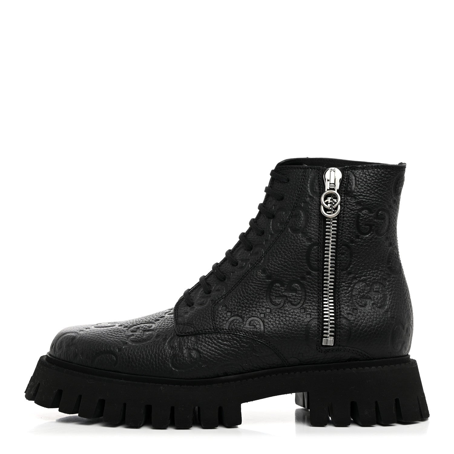 CALFSKIN EMBOSSED MONOGRAM LACE UP ANKLE BOOTS BLACK