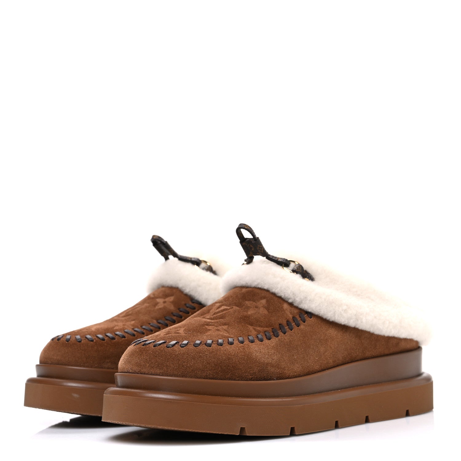 SUEDE CALFSKIN SHEARLING MONOGRAM DEBOSSED CORTINA CLOSED MULE LIGHT BEIGE