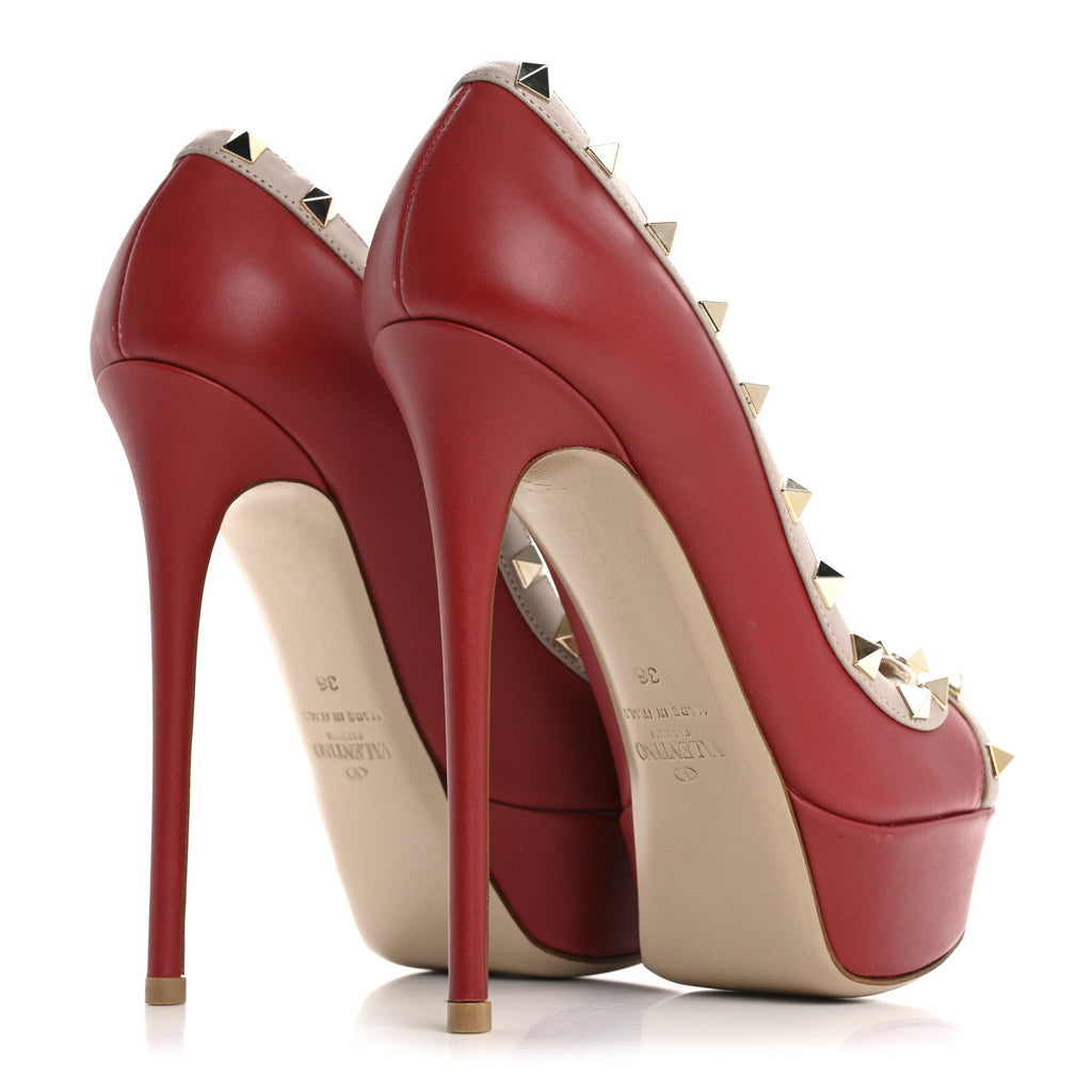NAPPA ROCKSTUD PEEP TOE PLATFORM PUMPS POUDRE ROSSO