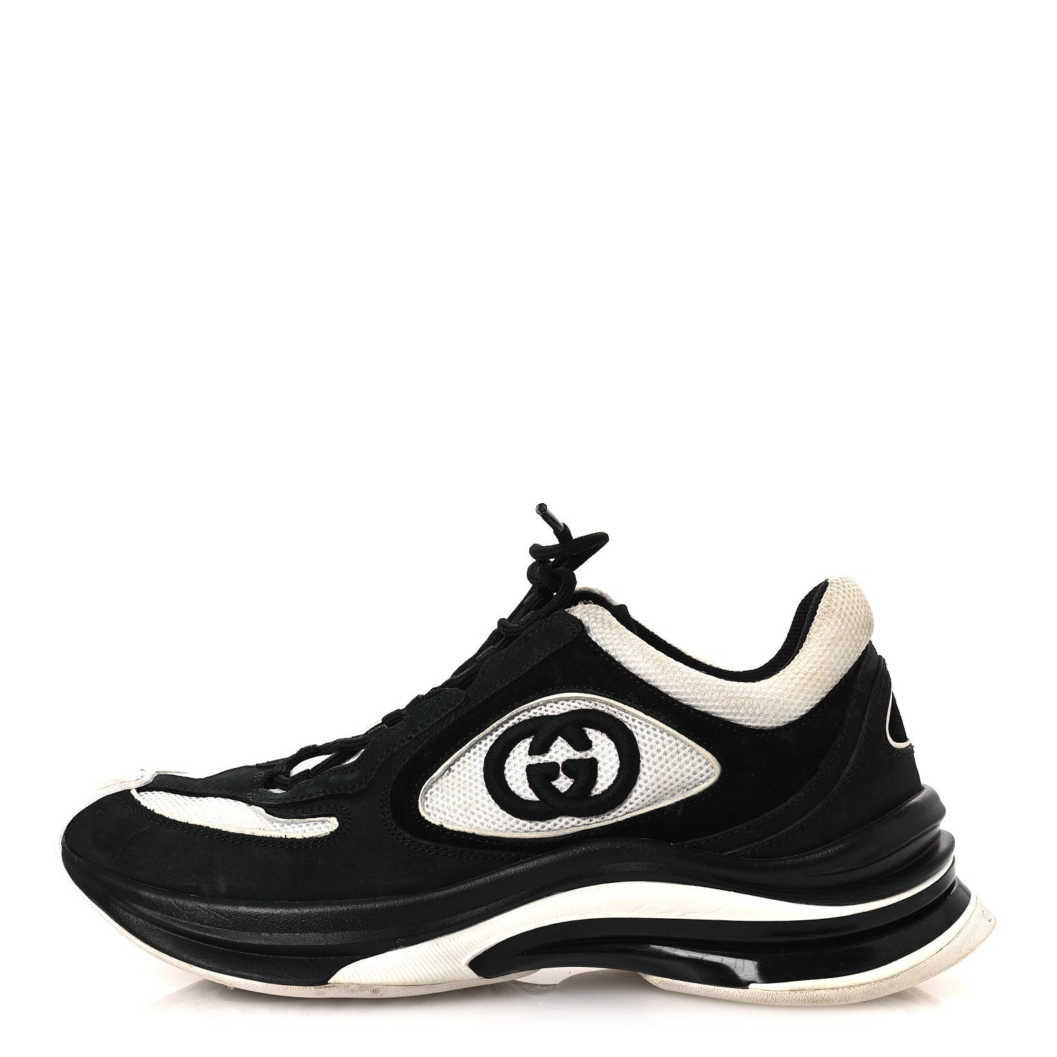 TECHNICAL KNIT FABRIC SUEDE CALFSKIN WOMENS GUCCI RUN SNEAKERS BLACK WHITE