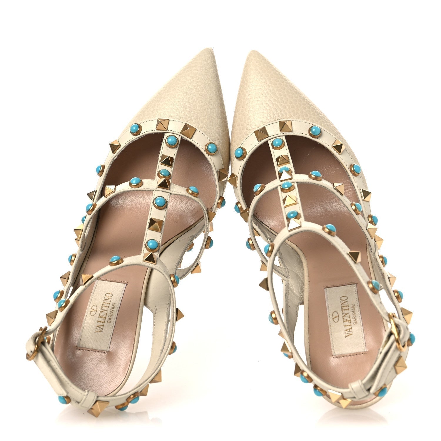PEBBLED CALFSKIN TURQUOISE ROCKSTUD ROLLING ANKLE STRAP 100MM PUMPS IVORY