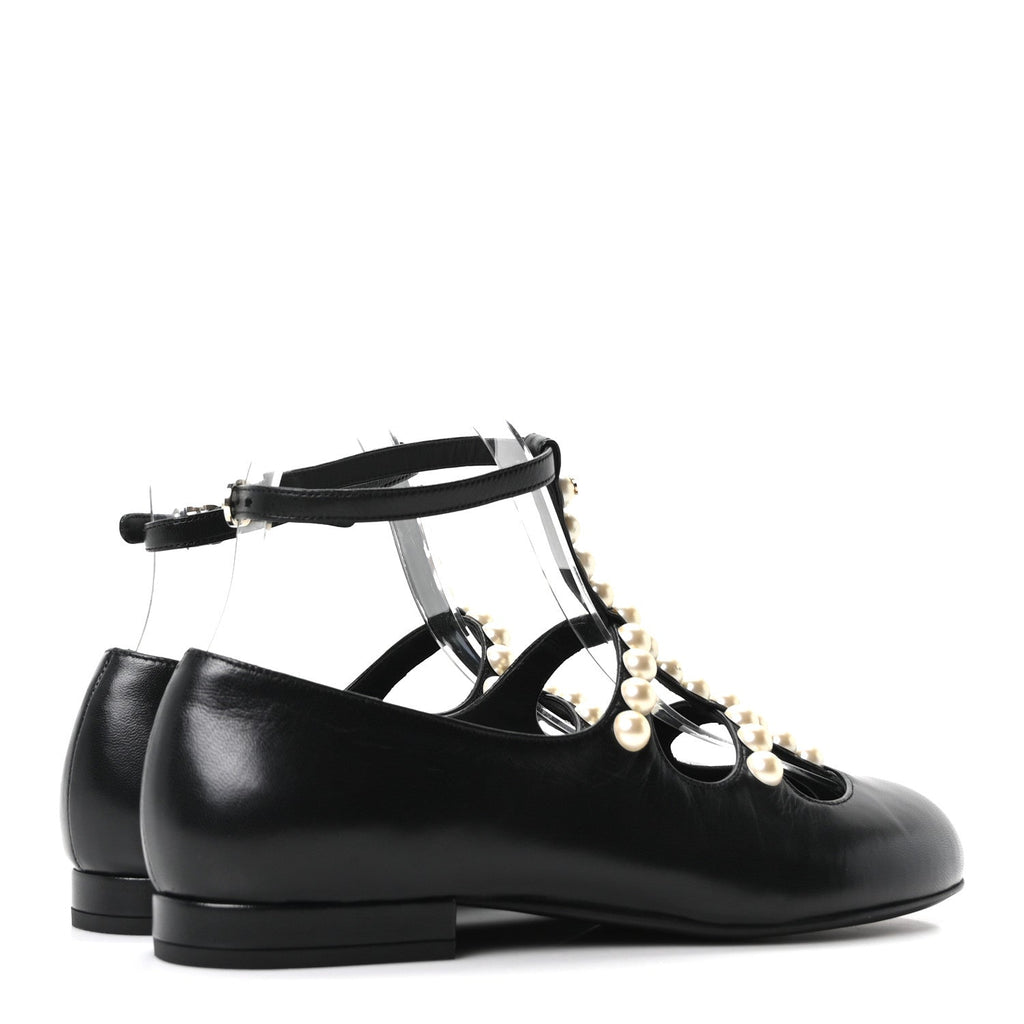 GOATSKIN PEARL MARY JANES FLATS BLACK