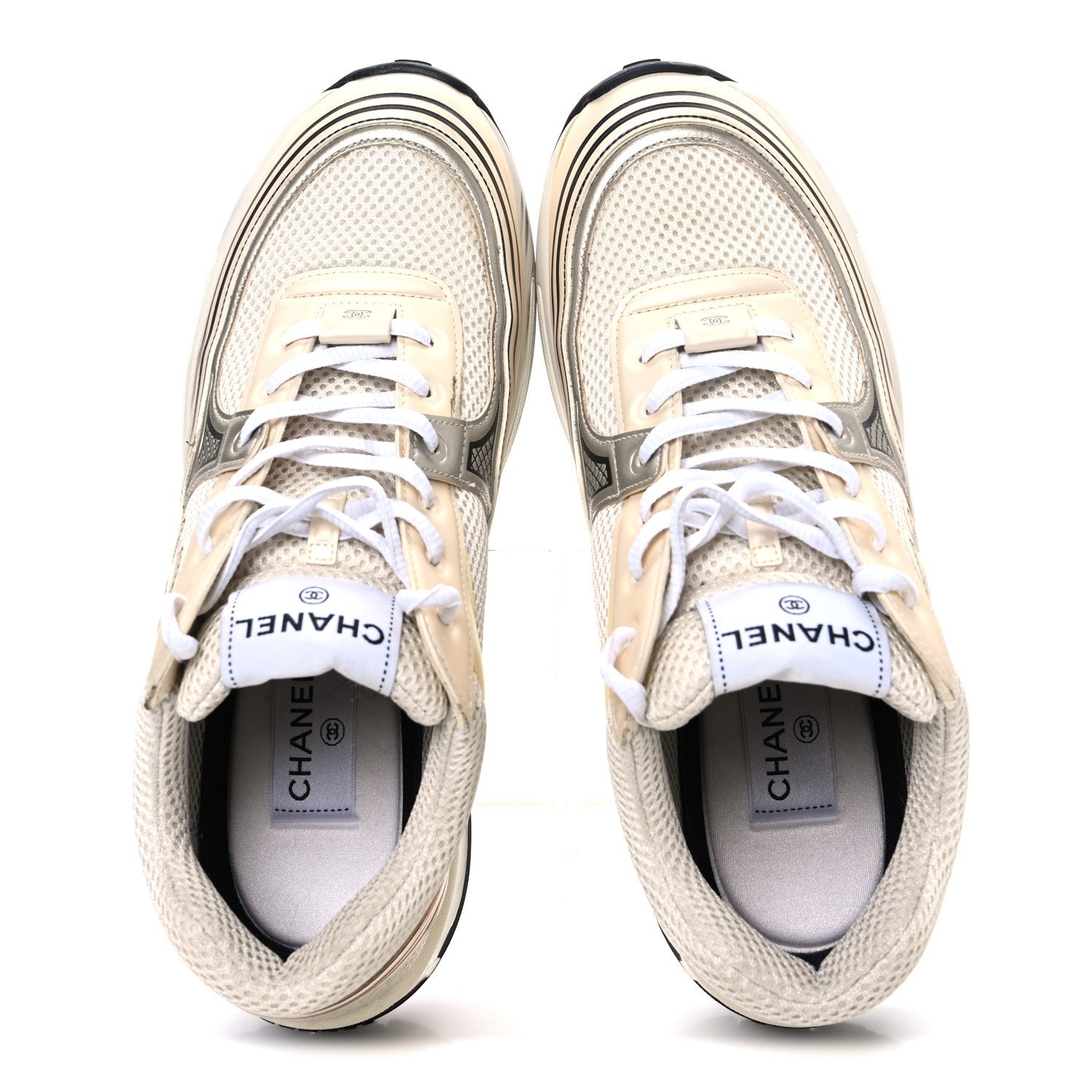 FABRIC LAMINATED CALFSKIN STRETCH CC SNEAKERS IVORY WHITE SILVER