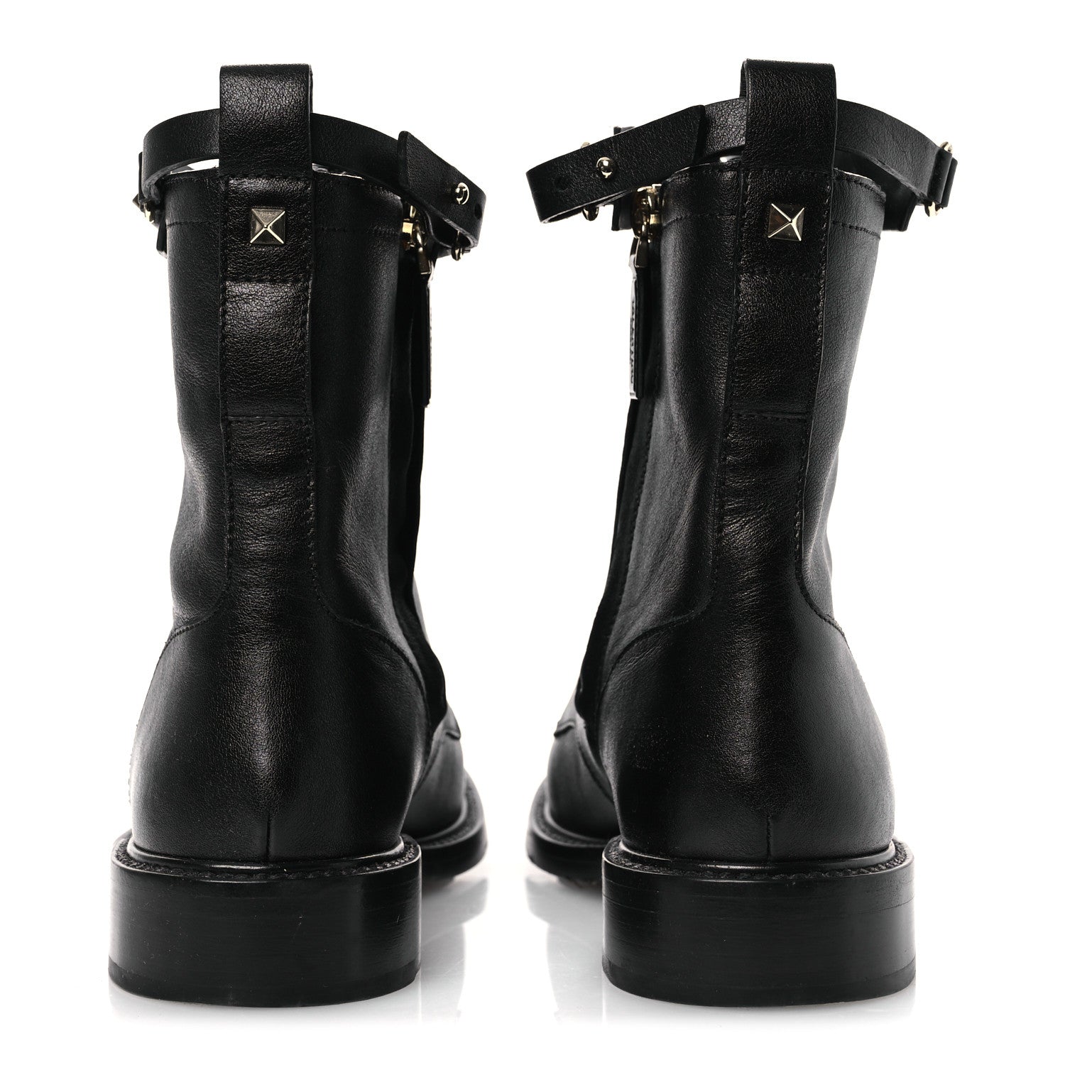 CALFSKIN ROCKSTUD COMBAT ANKLE BOOTS BLACK
