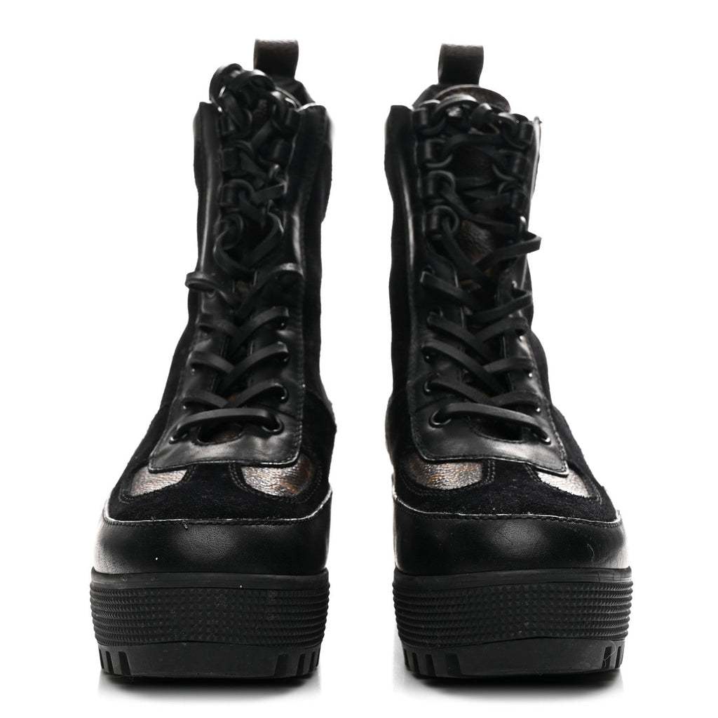 LOUIS VUITTON SUEDE CALFSKIN MONOGRAM LAUREATE PLATFORM DESERT BOOT BLACK WITH LV HEART PATCHES
