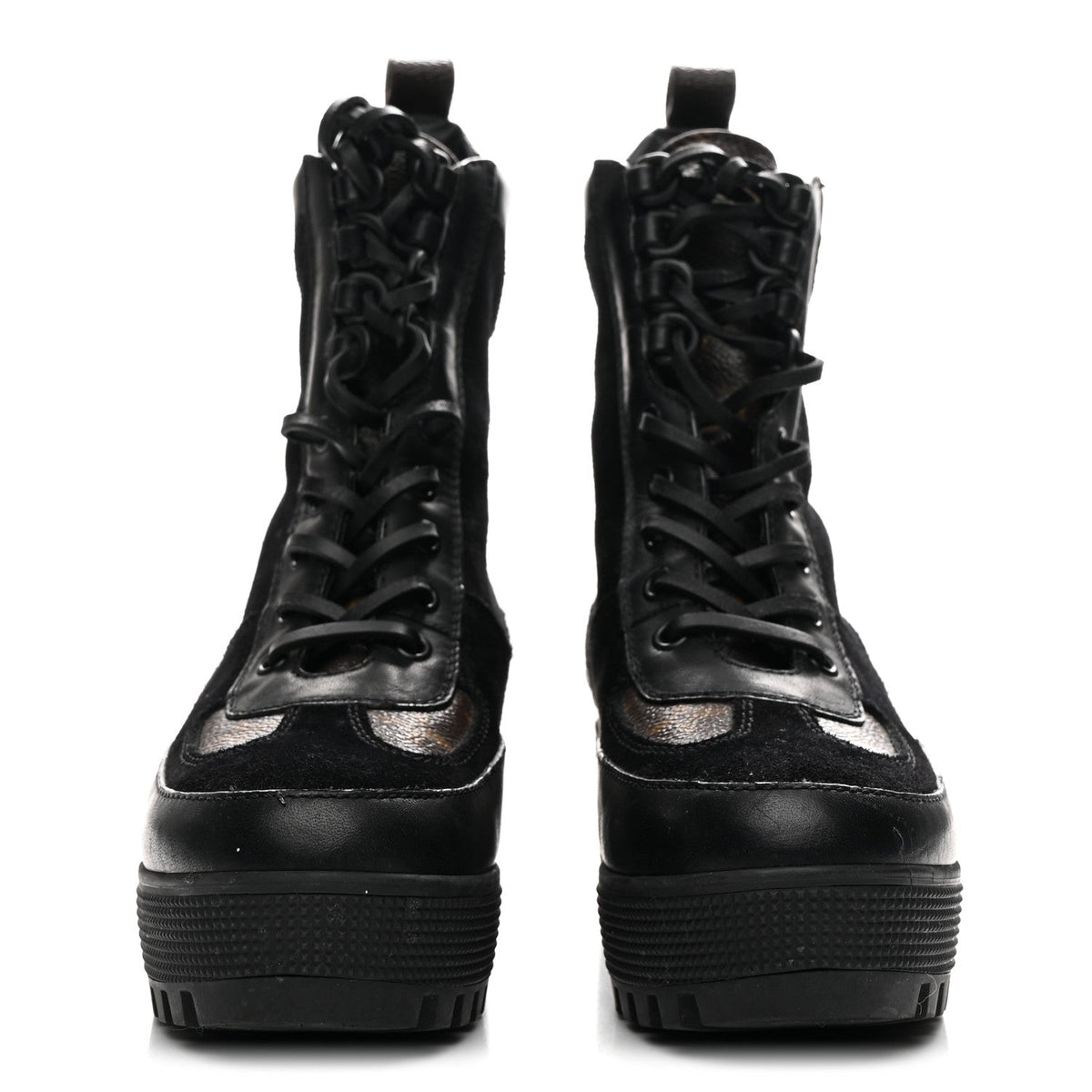 LOUIS VUITTON SUEDE CALFSKIN MONOGRAM LAUREATE PLATFORM DESERT BOOT BLACK WITH LV HEART PATCHES