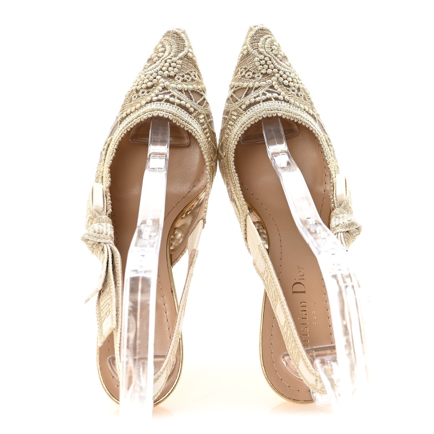 TRANSPARENT METALLIC EMBROIDERED MESH MACRAME CONSTANTINE EMBROIDERED J'ADIOR SLINGBACK 65MM PUMPS PALE GOLD