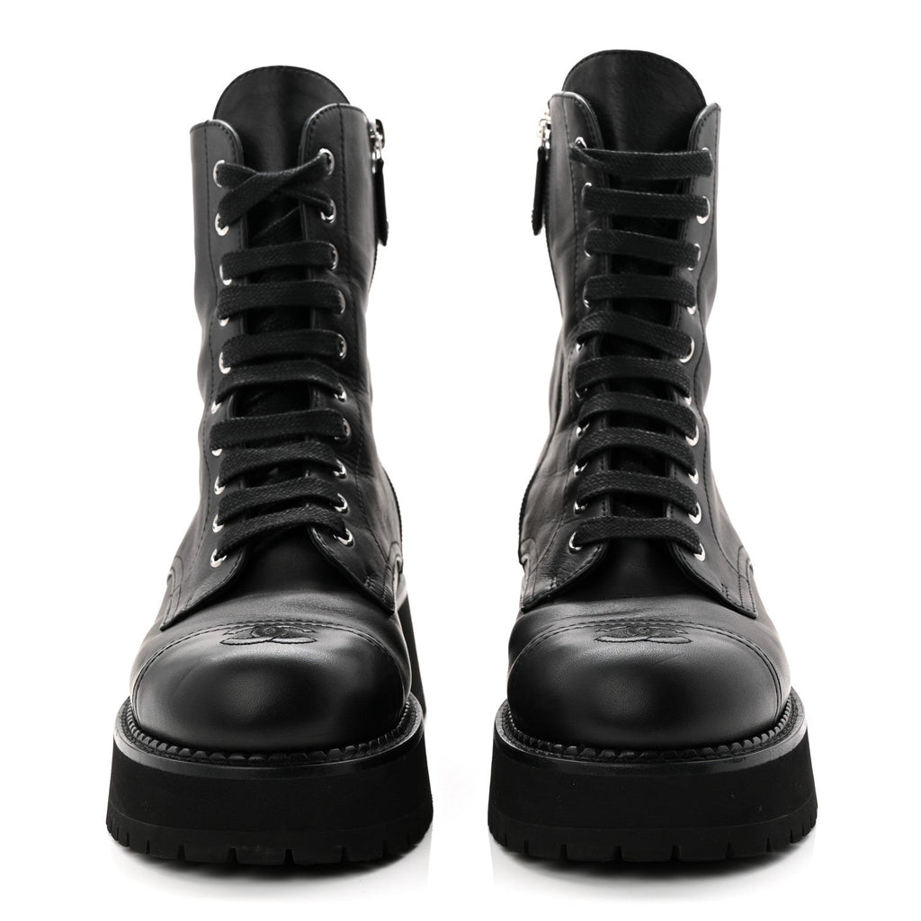 CALFSKIN CAP TOE LACE UP COMBAT BOOTS BLACK