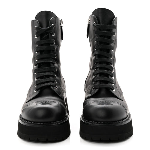 CALFSKIN CAP TOE LACE UP COMBAT BOOTS BLACK