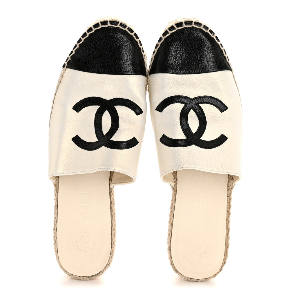 IRIDESCENT GOATSKIN CC ESPADRILLE MULES IVORY BLACK