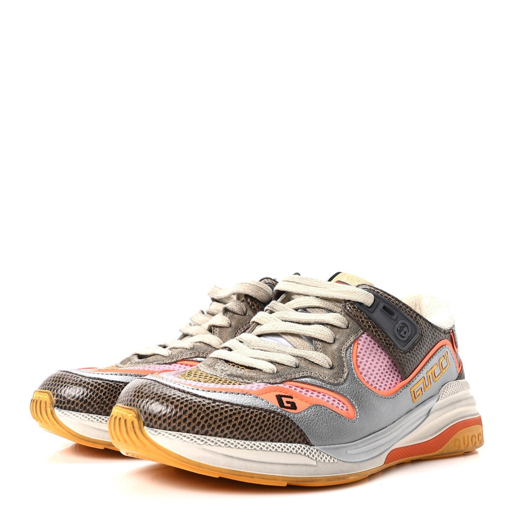 CALFSKIN SUEDE MESH LIZARD EMBOSSED WOMENS ULTRAPACE SNEAKERS SILVER ANTHRACITE NEON ORANGE