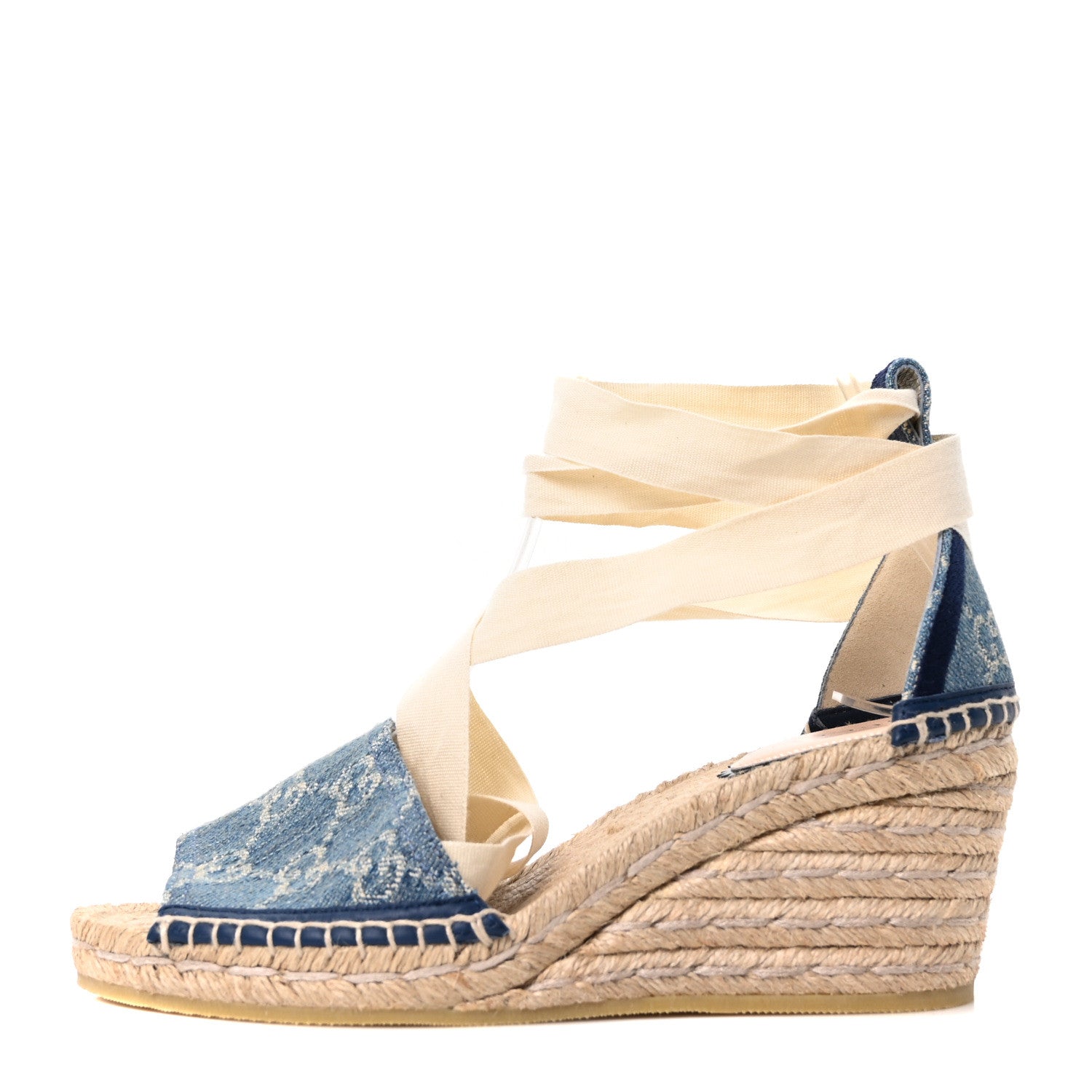 NEW DENIM GG MONOGRAM PILAR ANKLE WRAP ESPADRILLE WEDGE SANDALS LIGHT BLUE