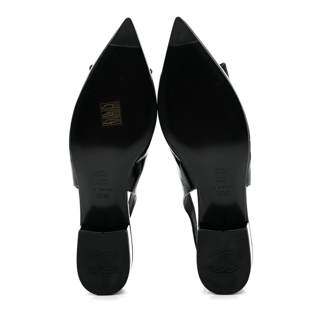 CRUMPLED PATENT CALFSKIN CC BOW SLINGBACK PUMPS BLACK