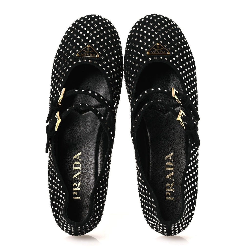 SUEDE CRYSTAL STUDDED BALLERINA FLATS BLACK