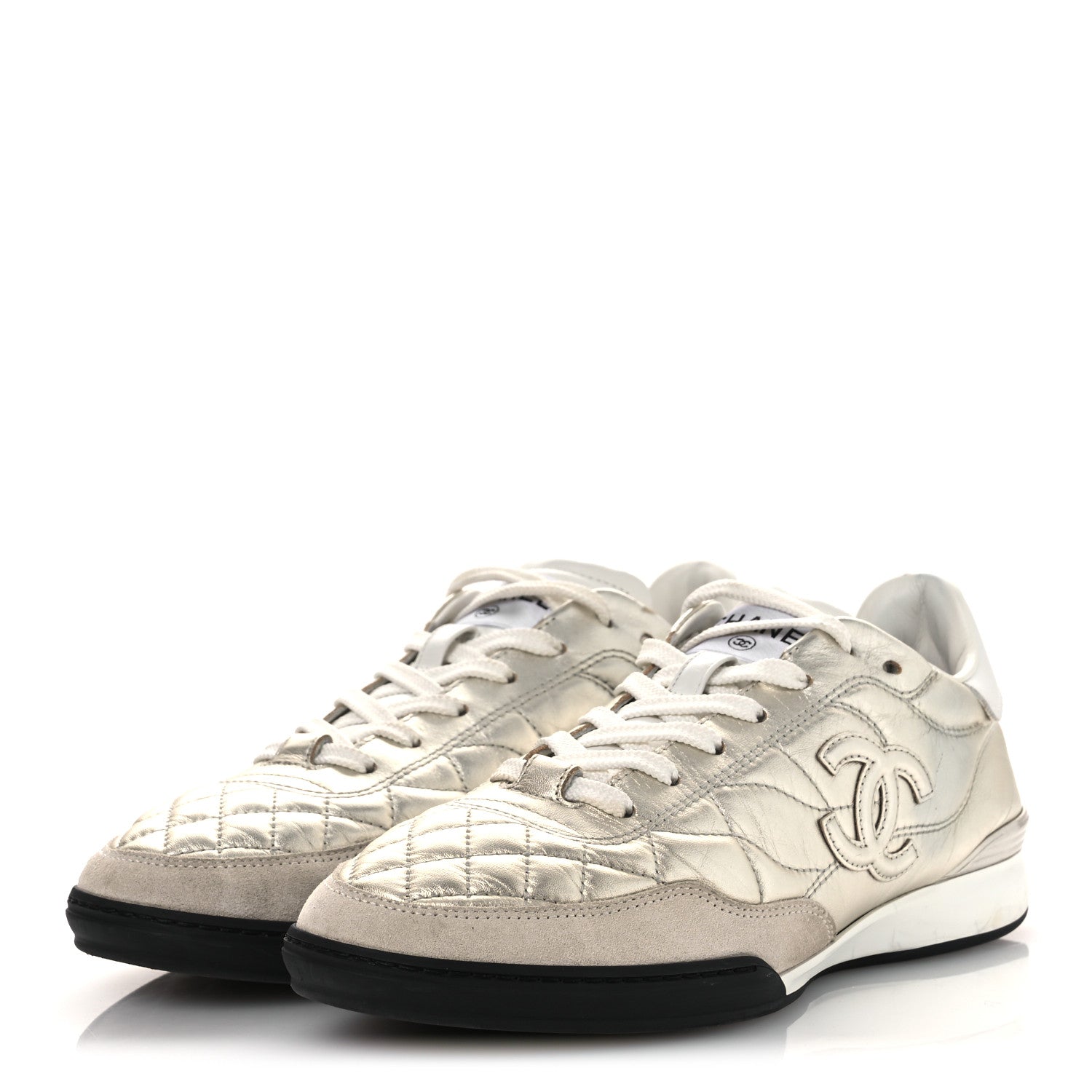 LAMINATED CALFSKIN SUEDE QUILTED WOMENS CC SNEAKERS SILVER WHITE