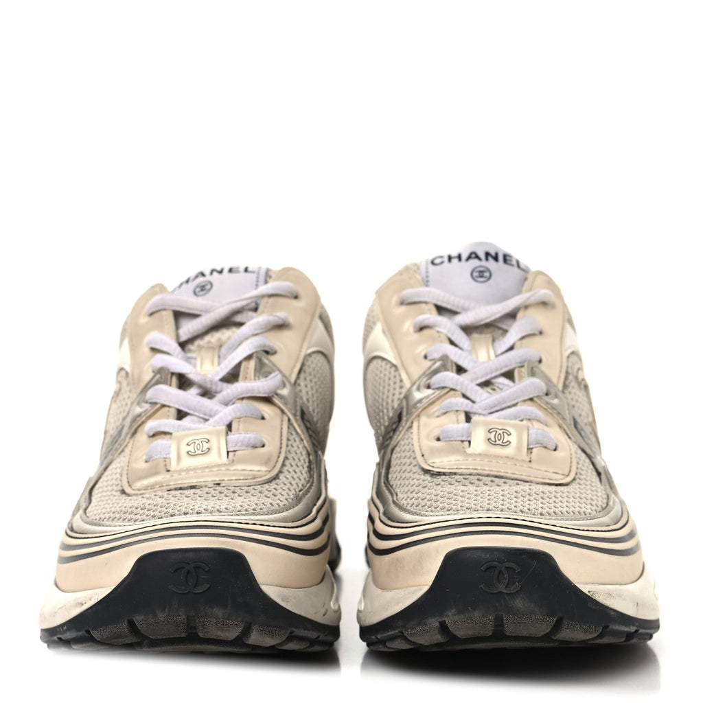 FABRIC LAMINATED CALFSKIN STRETCH CC WOMENS SNEAKERS IVORY WHITE SILVER