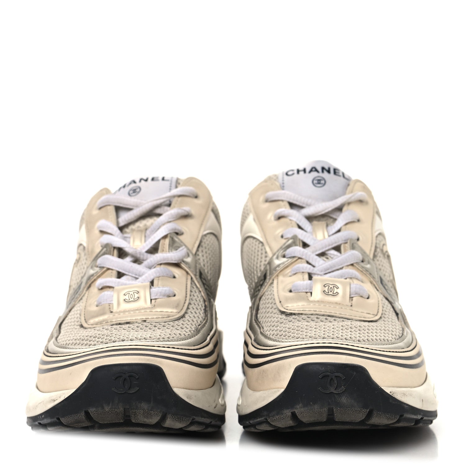 FABRIC LAMINATED CALFSKIN STRETCH CC WOMENS SNEAKERS IVORY WHITE SILVER