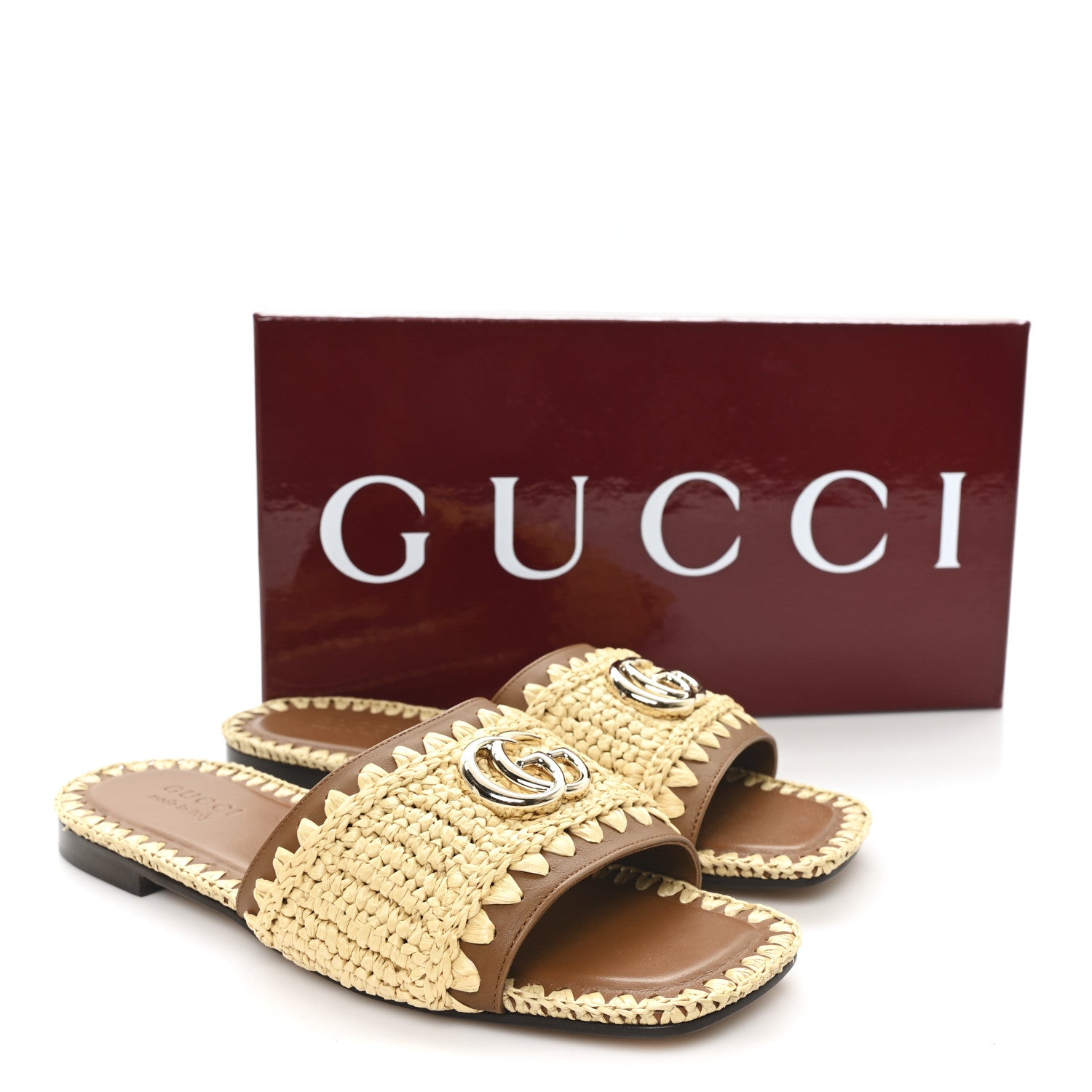 RAFFIA INTERLOCKING G FLAT SLIDE SANDALS BRIGHT NATURAL SUNDIAL