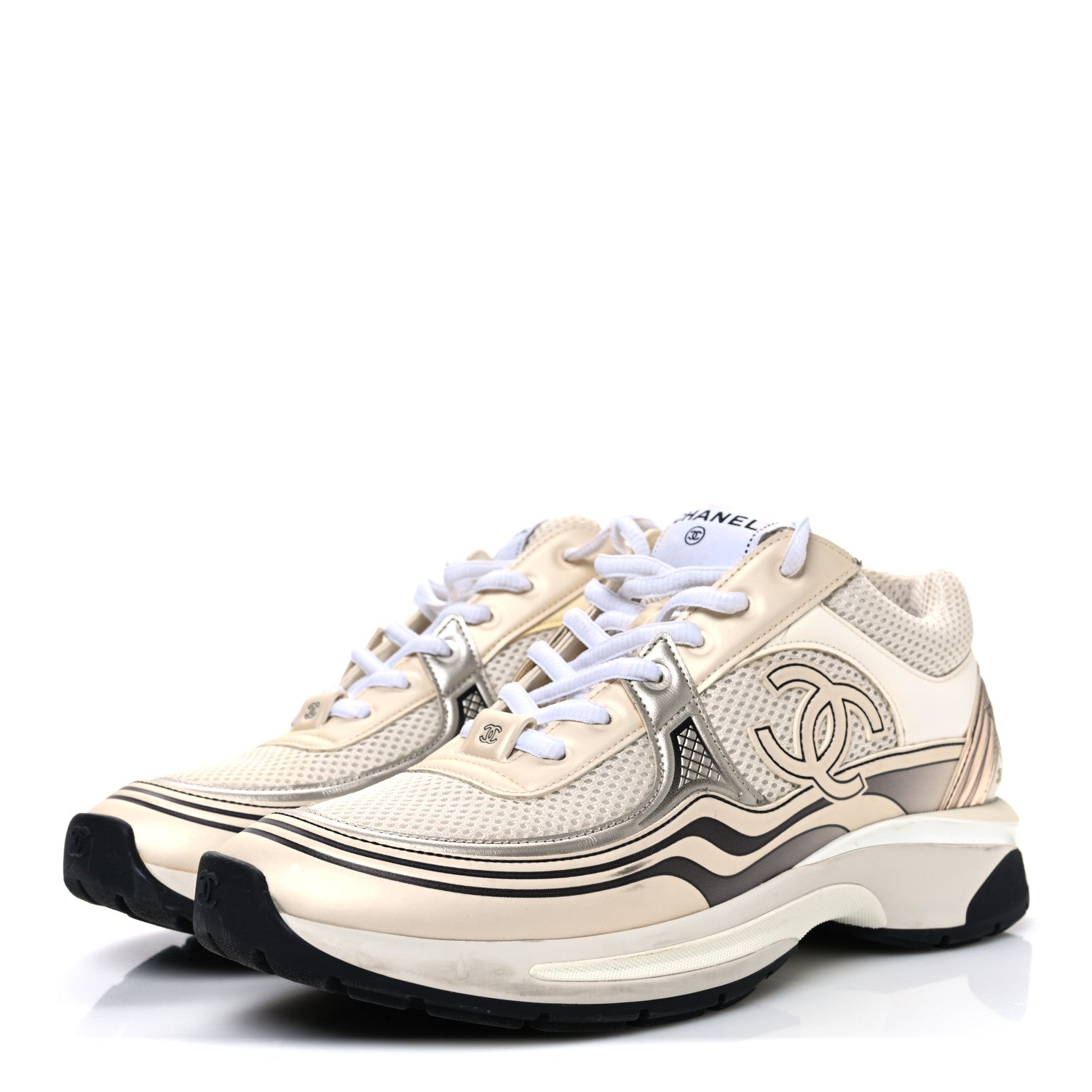 FABRIC LAMINATED CALFSKIN STRETCH CC SNEAKERS IVORY WHITE SILVER