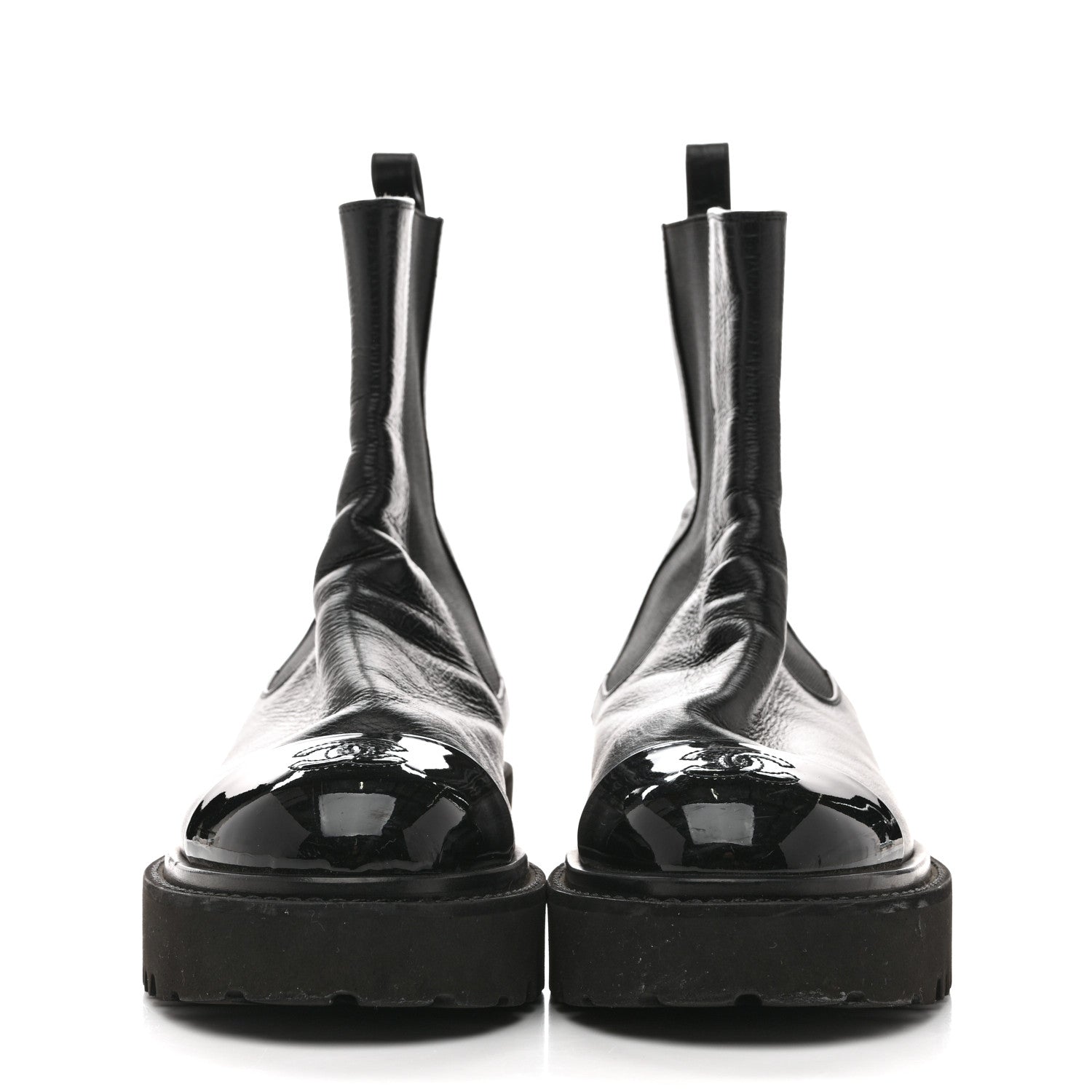 CRUMPLED CALFSKIN PATENT CAP TOE SHORT BOOTS BLACK