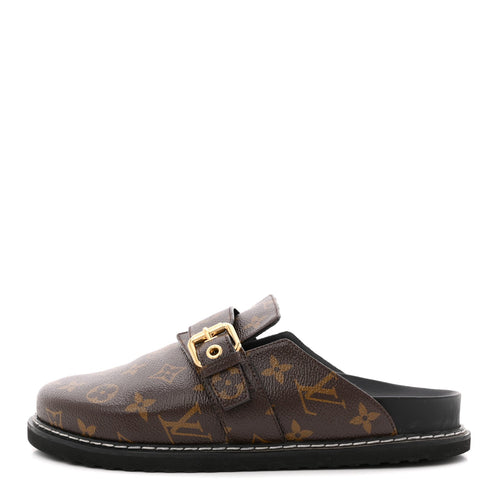 PATENT MONOGRAM WOMENS COSY FLAT COMFORT CLOG MULES BROWN