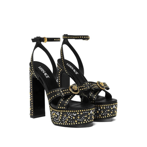 Versace 120mm La Medusa Espadrille Platform Sandals - Black with gold studs