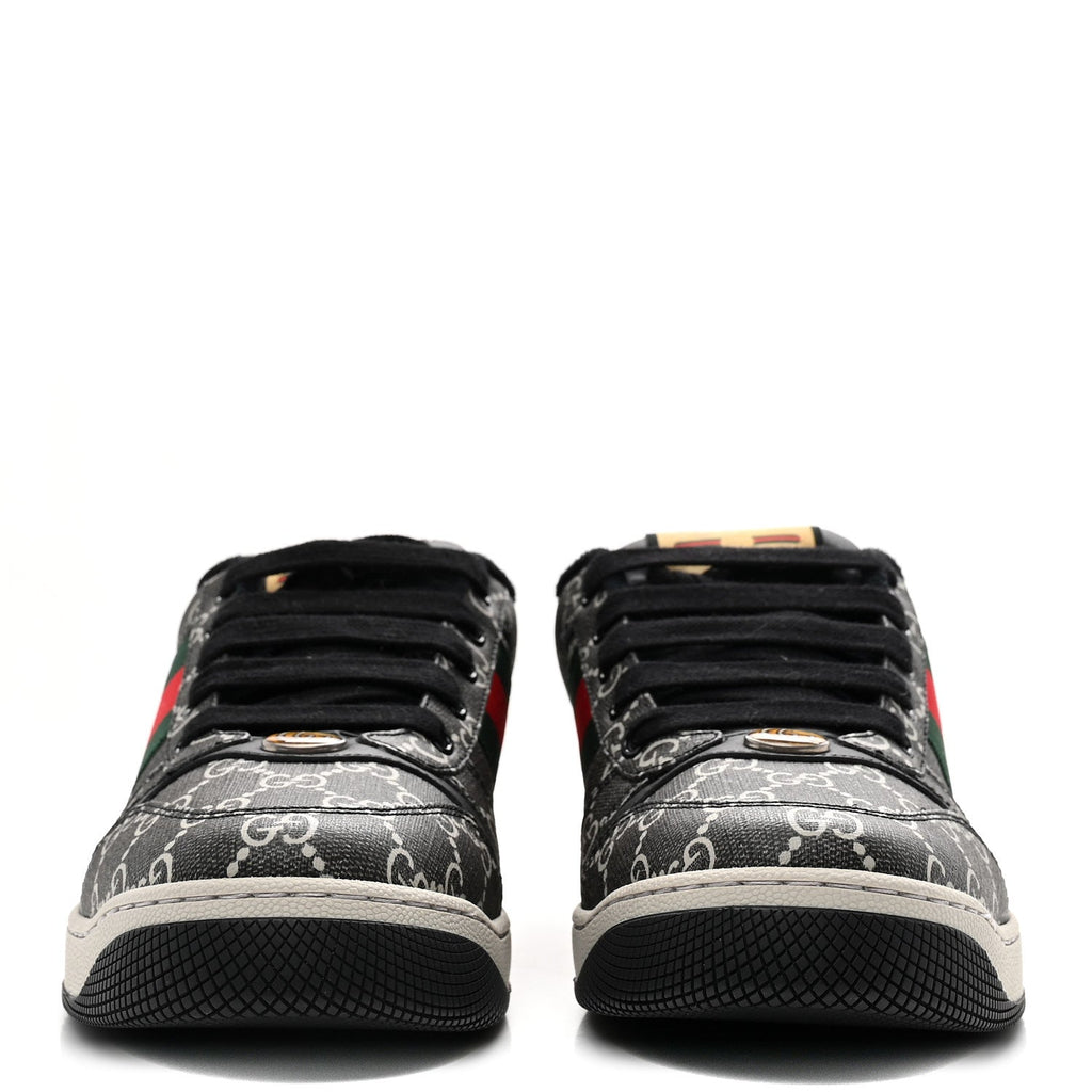 GG SUPREME MONOGRAM MIRO SOFT CALFSKIN WEB MENS SCREENER SNEAKERS BLACK GREY SKY