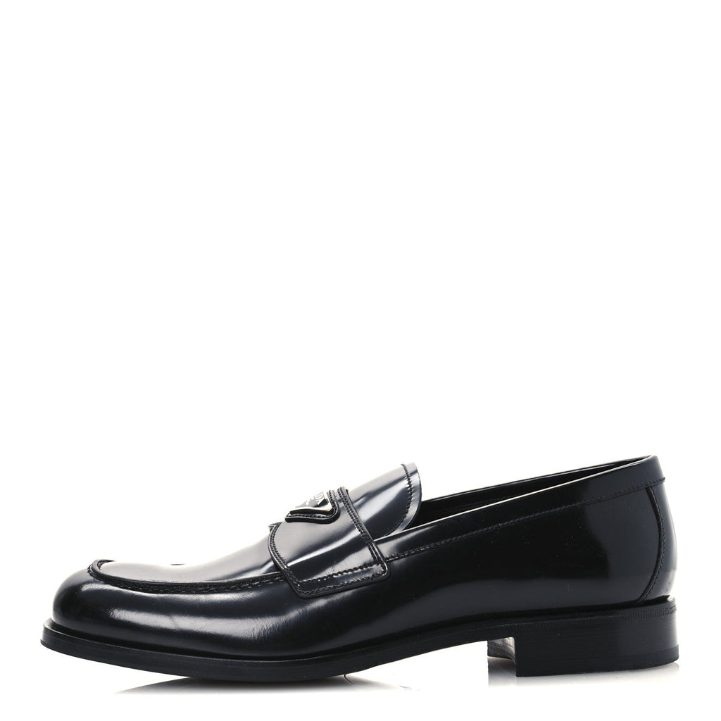 SPAZZOLATO FUME METAL TRIANGLE LOGO MENS LOAFERS BLACK