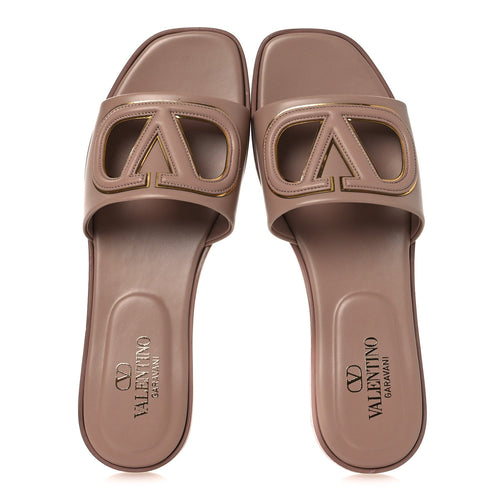 CALFSKIN VLOGO CUT OUT FLAT SLIDE SANDALS ROSE