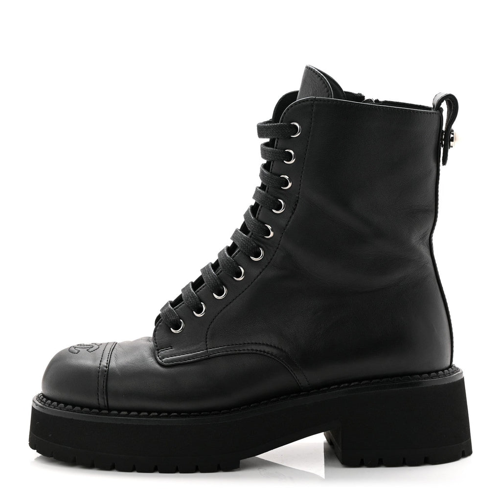 CALFSKIN CAP TOE LACE UP COMBAT BOOTS BLACK
