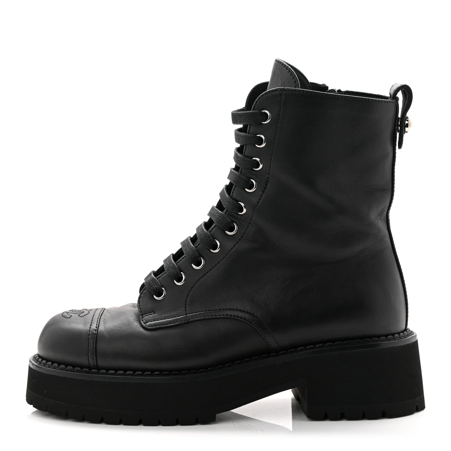CALFSKIN CAP TOE LACE UP COMBAT BOOTS BLACK