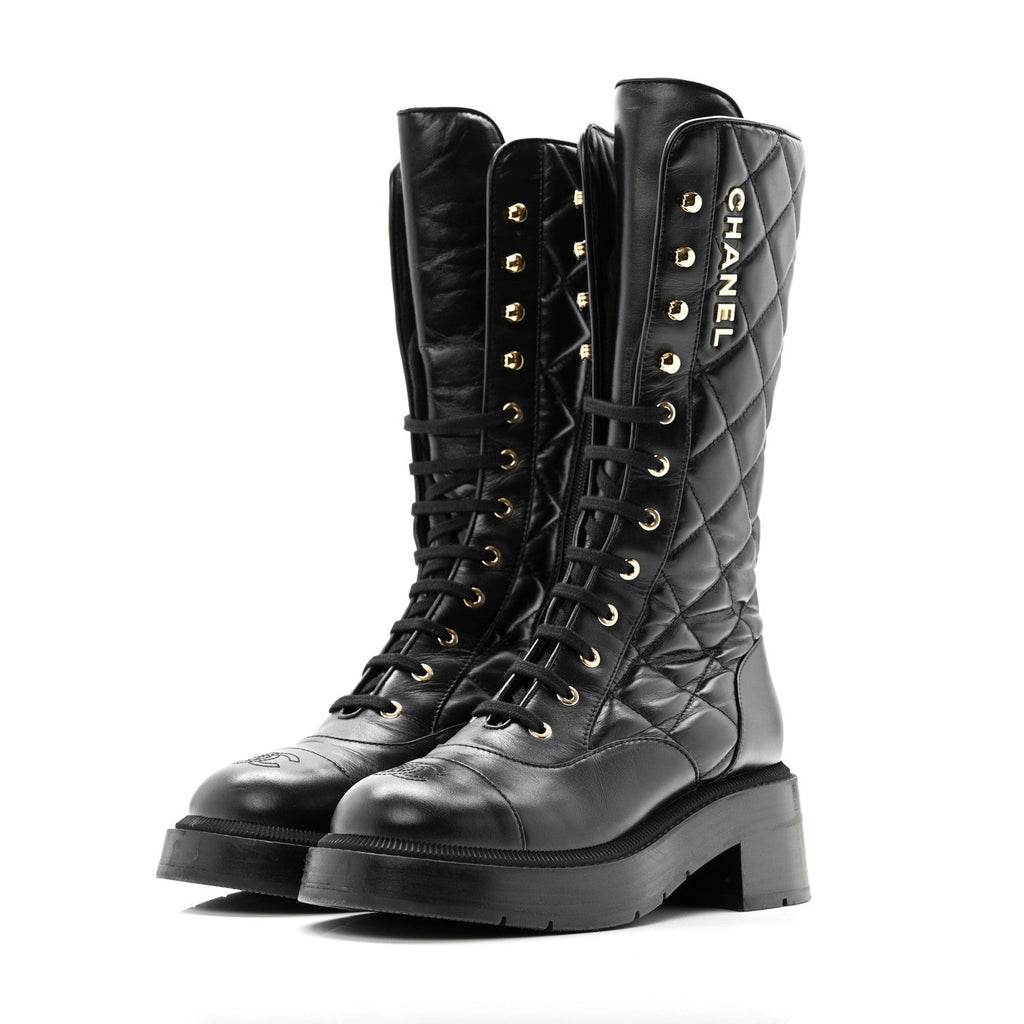 CALFSKIN QUILTED LOGO LACE UP TALL COMBAT BOOTS BLACK