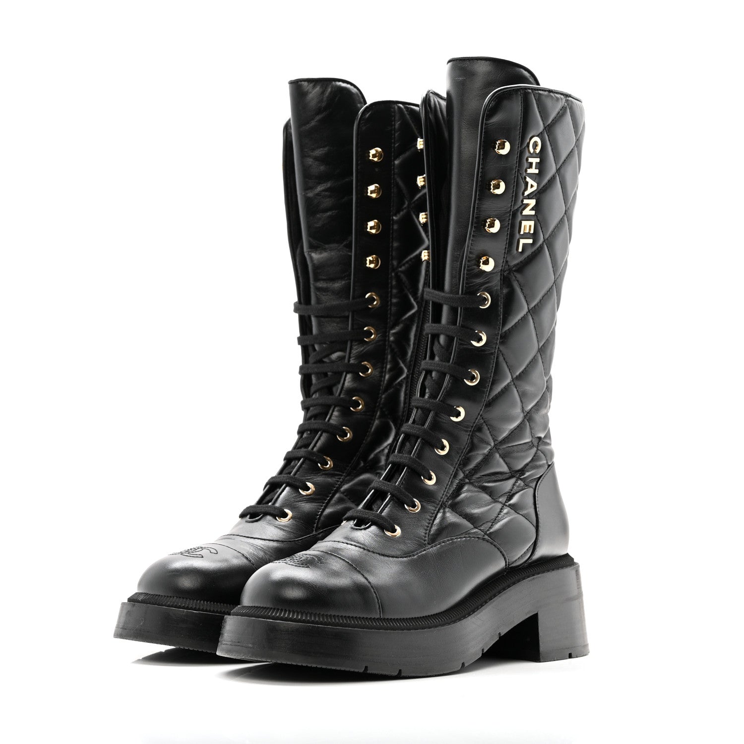 CALFSKIN QUILTED LOGO LACE UP TALL COMBAT BOOTS BLACK