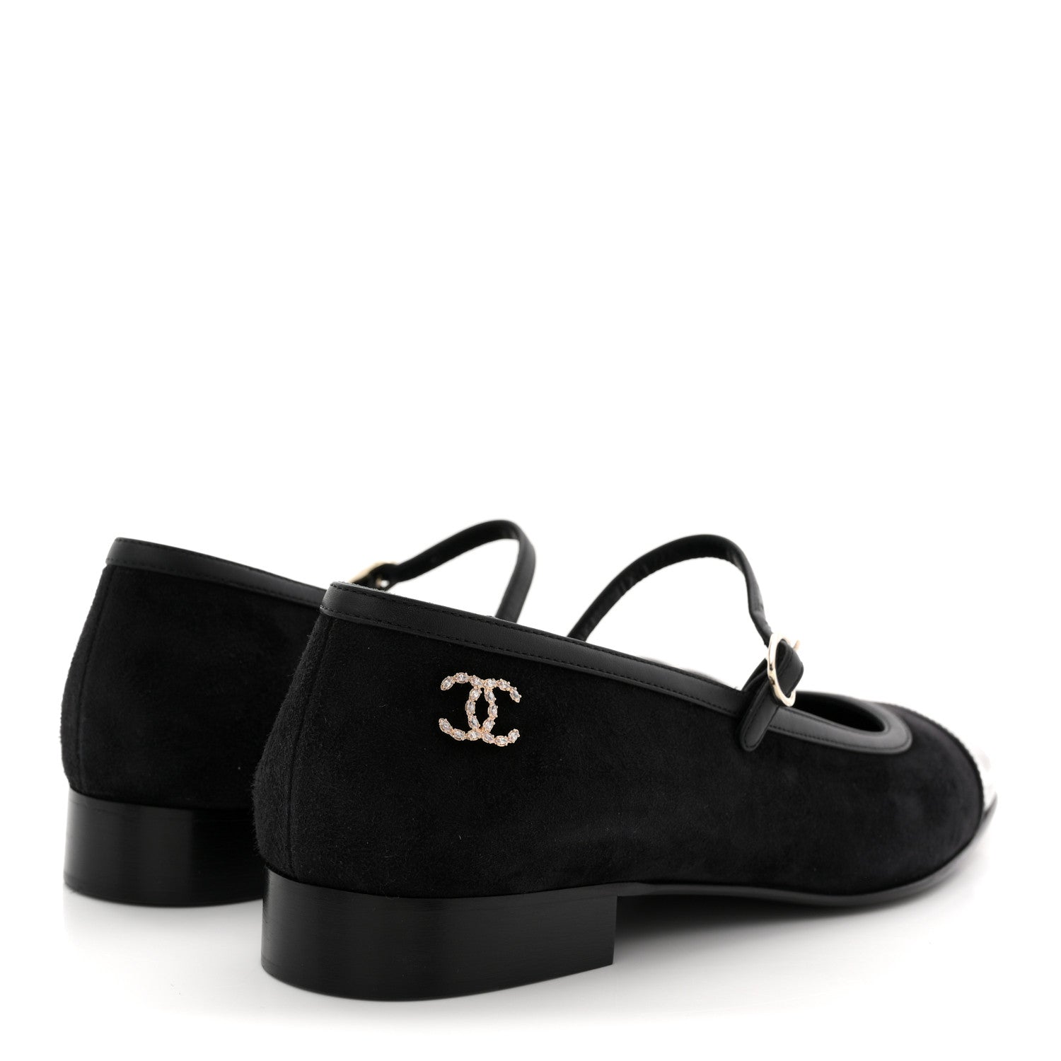 SUEDE KIDSKIN LAMBSKIN PATENT CALFSKIN CRYSTAL CC CAP TOE FLATS BLACK