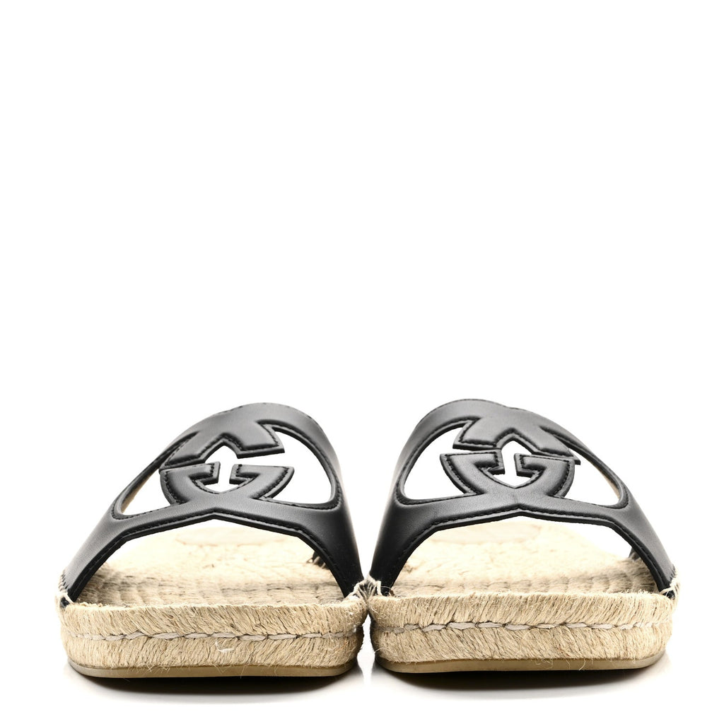 COSMOS SOFTY CALFSKIN ESPADRILLE MENS INTERLOCKING G CUT OUT SLIDE SANDALS BLACK