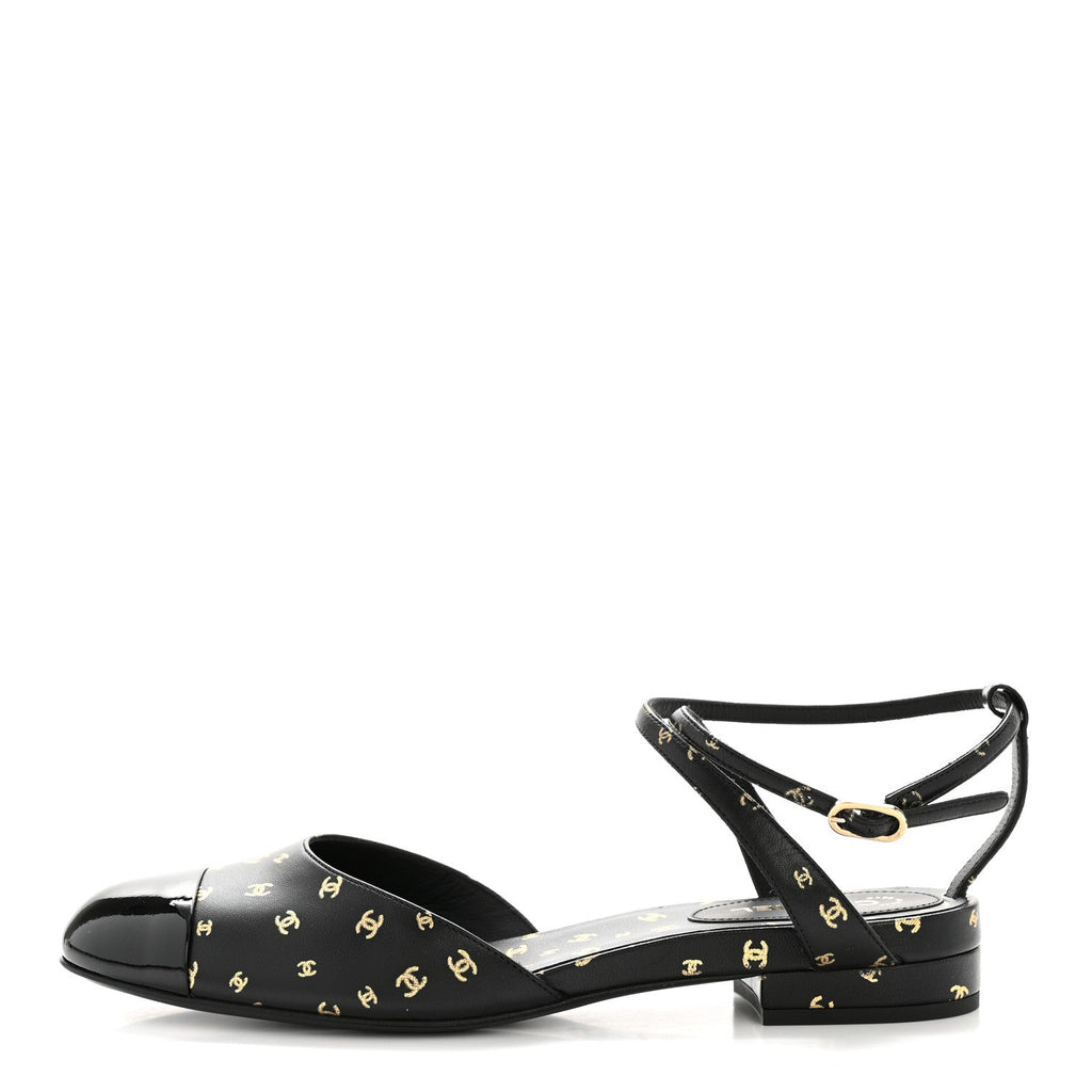 PRINTED LAMBSKIN PATENT CALFSKIN CAP TOE CC SLINGBACKS BLACK GOLD