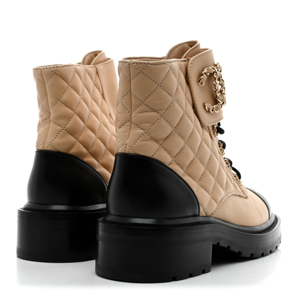LAMBSKIN CALFSKIN QUILTED LACE UP COMBAT BOOTS BEIGE BLACK