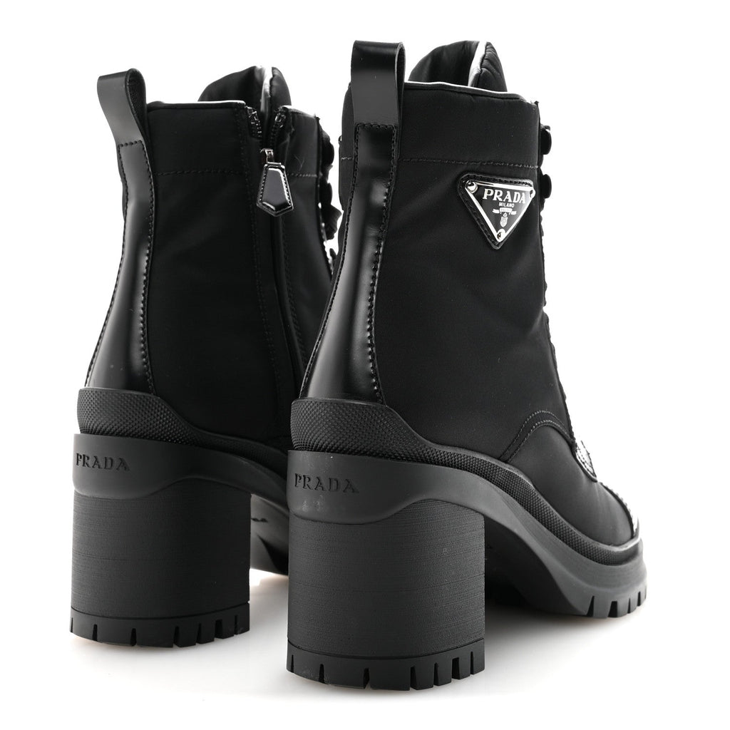 SPAZZOLATO RE-NYLON METAL TRIANGLE LOGO LACE UP 85MM ANKLE BOOTS BLACK