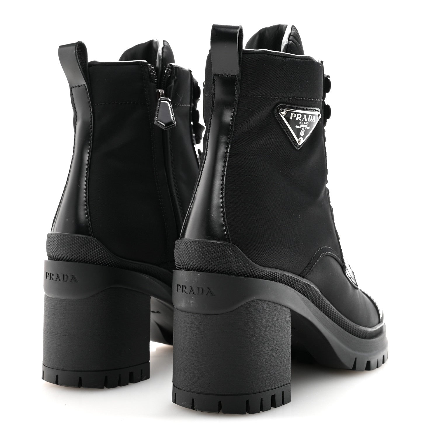 SPAZZOLATO RE-NYLON METAL TRIANGLE LOGO LACE UP 85MM ANKLE BOOTS BLACK