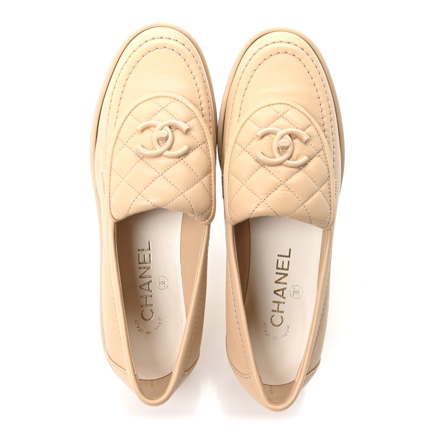 LAMBSKIN QUILTED CC TURNLOCK LOAFERS BEIGE