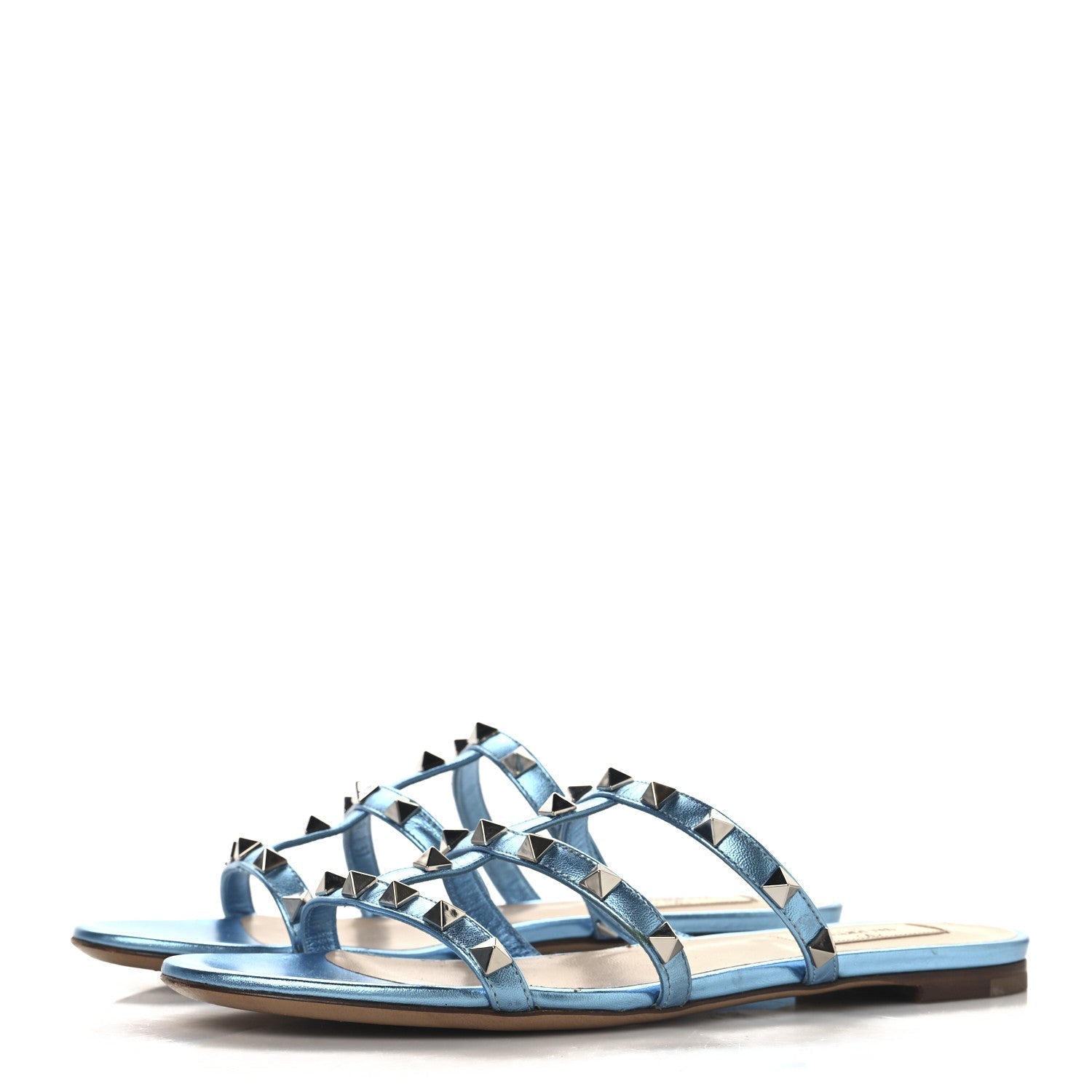 METALLIC NAPPA ROCKSTUD CAGED FLAT SLIDE SANDALS CERULEAN