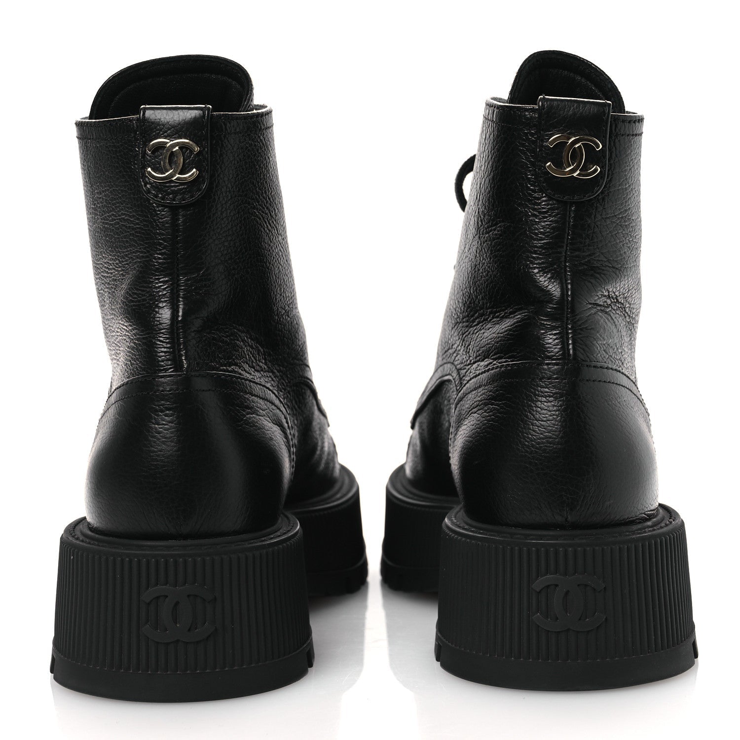 GRAINED CALFSKIN SHINY CALFSKIN CC LACE UP COMBAT BOOTS BLACK