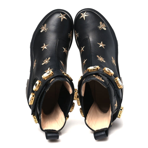 CALFSKIN BEE STAR EMBROIDERED BELT ANKLE BOOTS BLACK