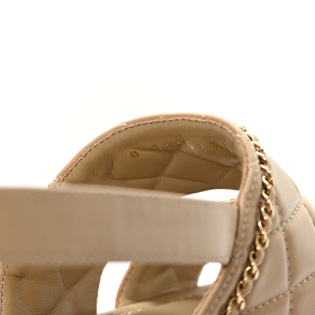 SHINY LAMBSKIN QUILTED CHAIN AROUND CC PLATFORM SANDALS BEIGE