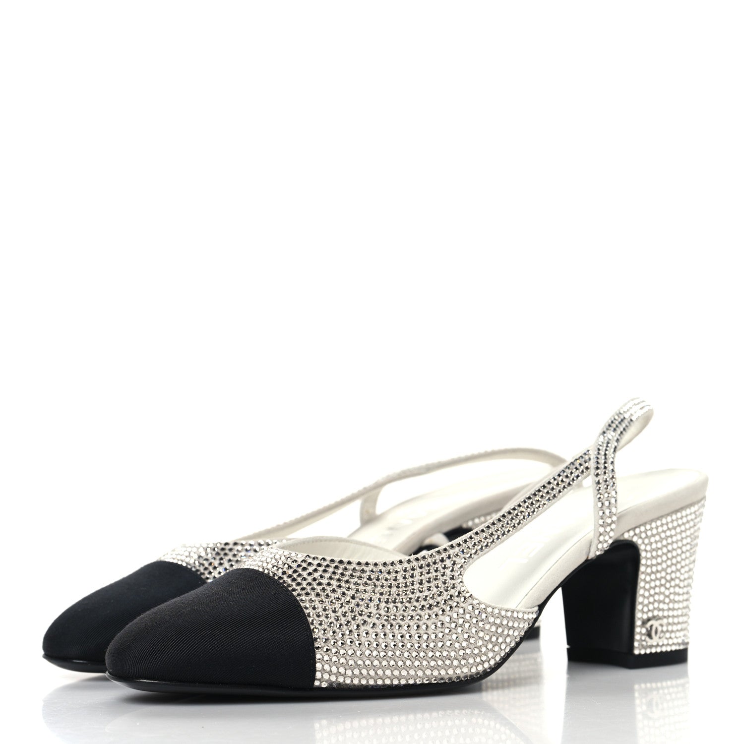 STRASS GROSGRAIN CAP TOE CC SLINGBACK PUMPS SILVER BLACK