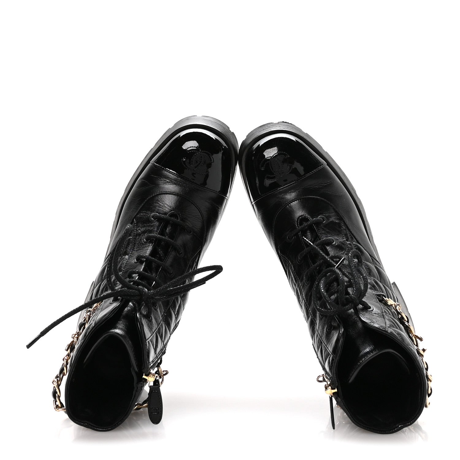 SHINY CALFSKIN PATENT QUILTED CHAIN LACE UP COMBAT BOOTS BLACK