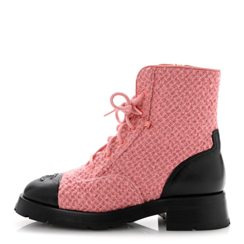 WOOL TWEED CALFSKIN CHAIN LACE UP COMBAT BOOTS PINK BLACK