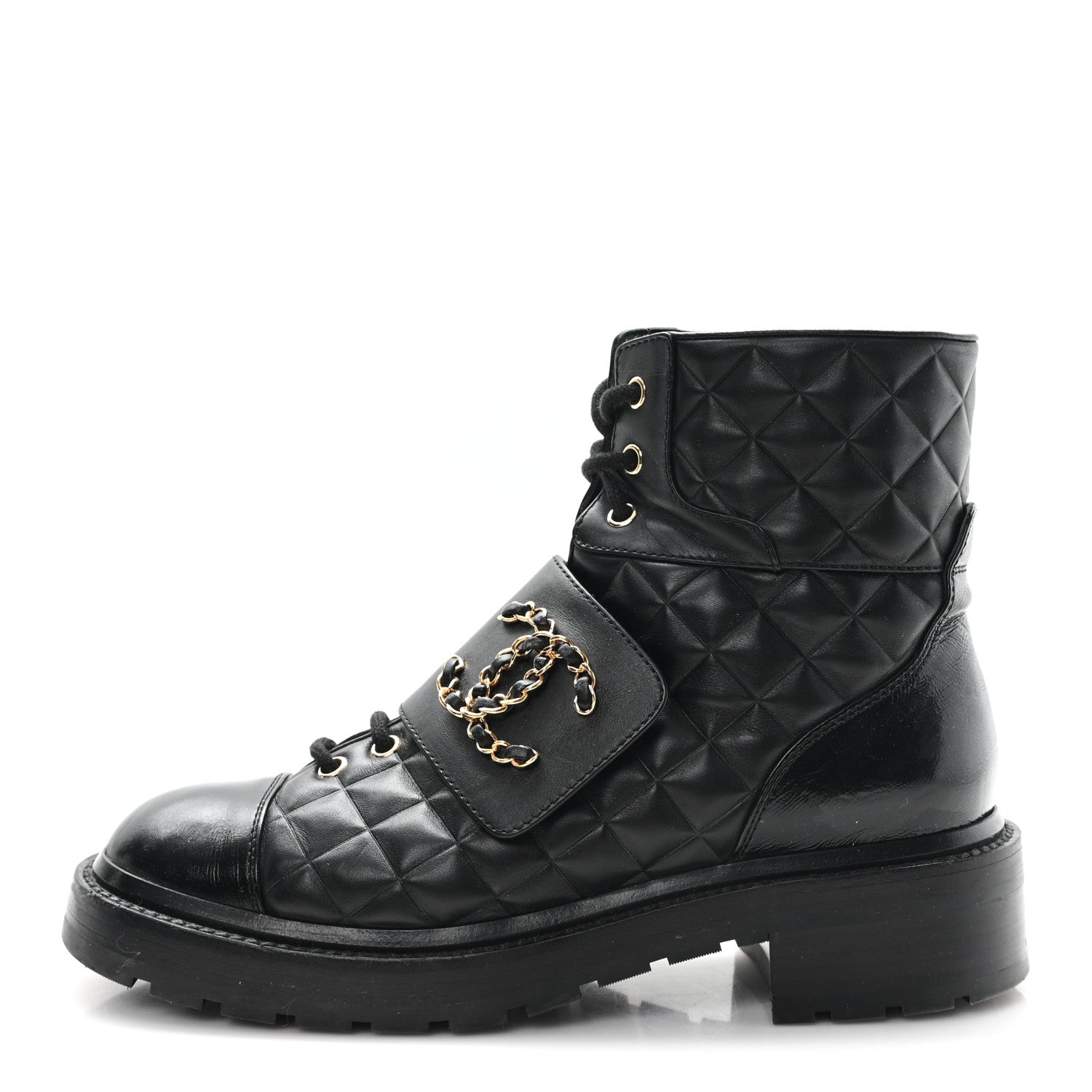 SHINY CALFSKIN QUILTED LACE UP COMBAT BOOTS BLACK