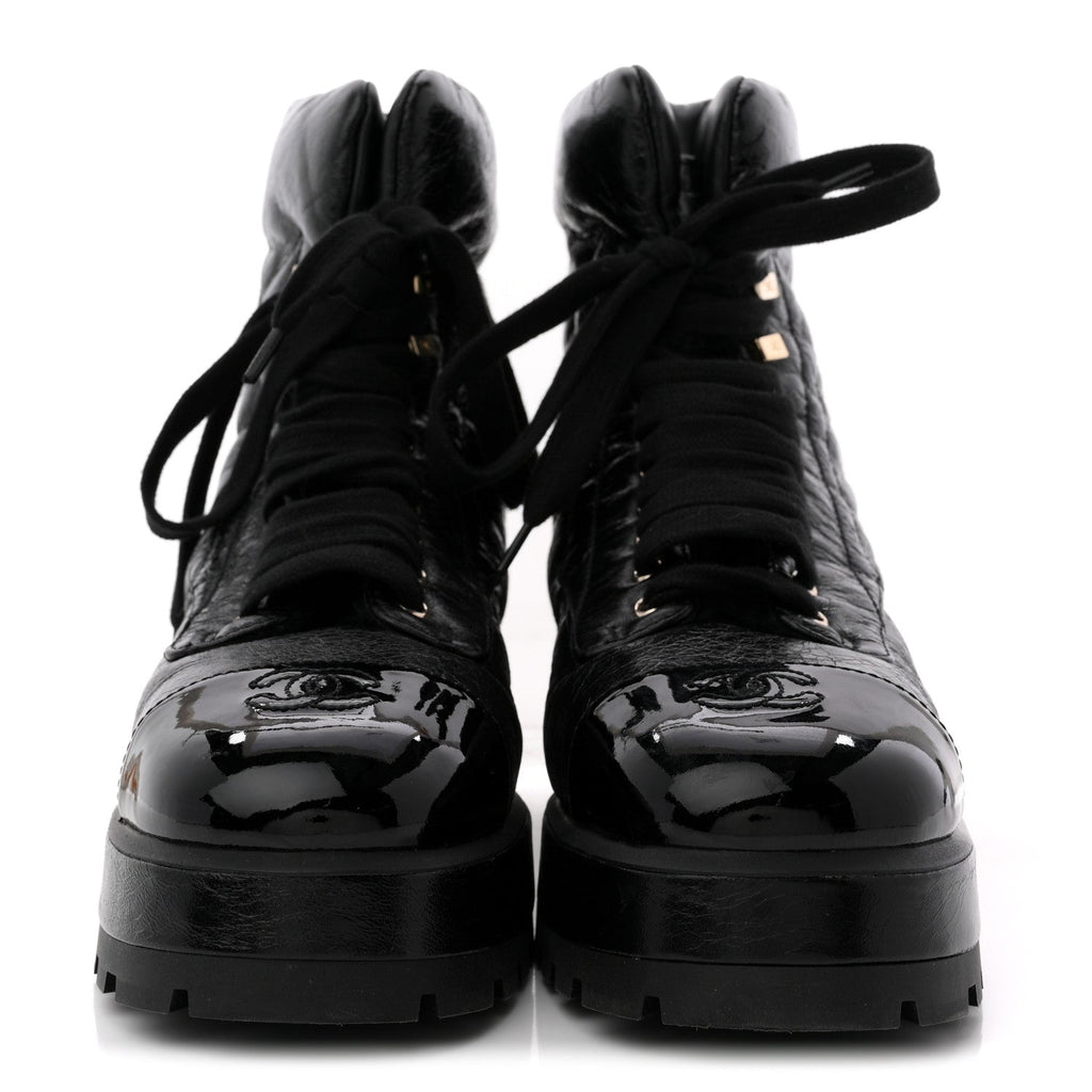 CRUMPLED PATENT LAMBSKIN CALFSKIN QUILTED LACE UP COMBAT BOOTS BLACK